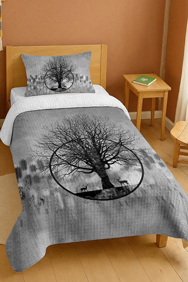100% Cotton Monochrome Tree Silhouette Pattern Single Bedspread Set