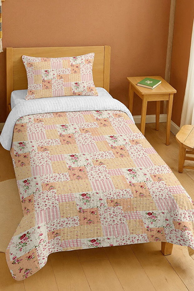 100% Cotton Checked Rose Garden Design Single Bedcover Set