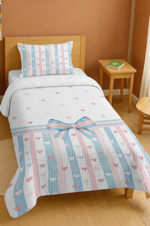 100% Cotton Love Ribbon Patterned Single Bedspread Set