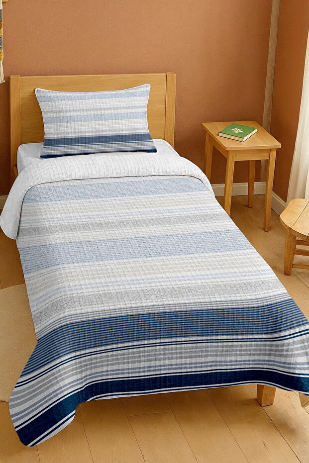 100% Cotton Glitter Blue Silver Stripes Patterned Single Pique Set