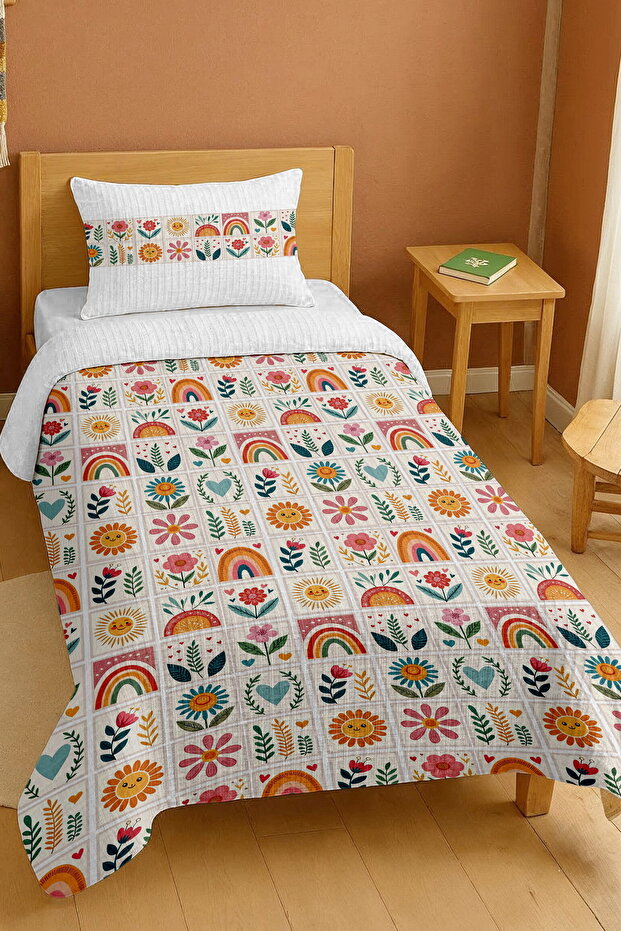 100% Cotton Rainbow Garden Pattern Twin Bedspread Set