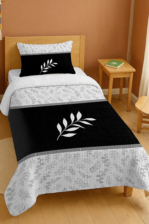 100% Cotton Black and White Jute Eucalyptus Leaves Patterned Single Pike Set