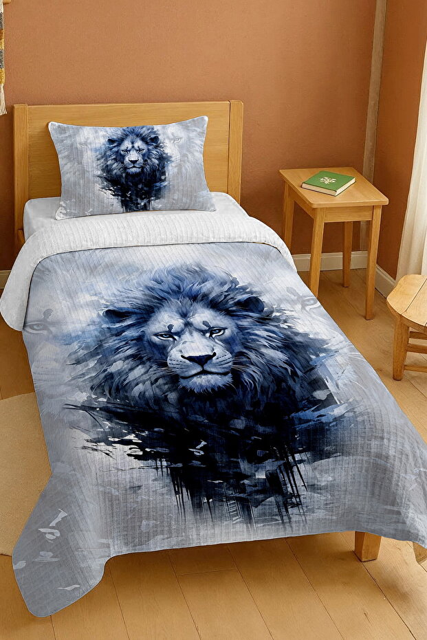 100% Cotton Navy Blue King Lion Patterned Single Pike Set