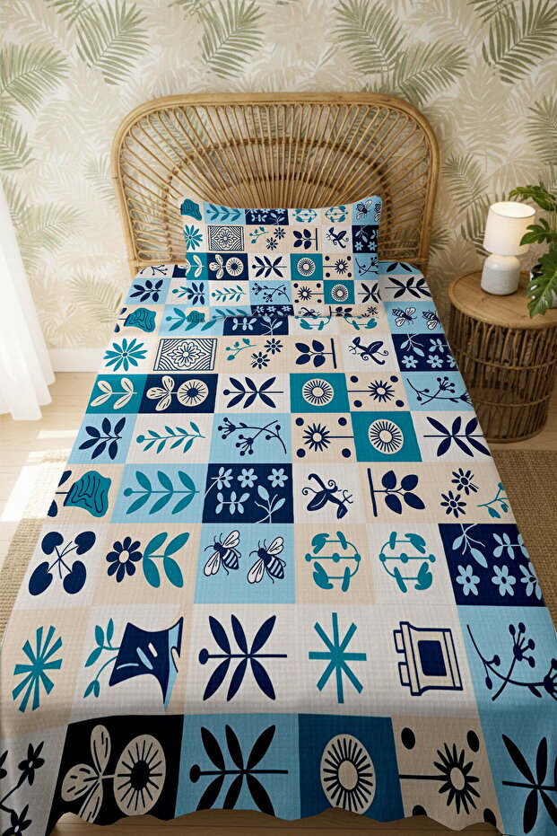 100% Cotton Leaf Print Patterned Single Bedspread Set - 3
