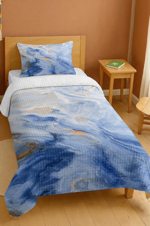 100% Cotton Blue Tones Marble Patterned Single Pike Set