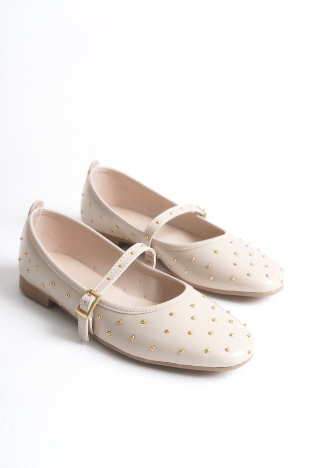 Women's Ballet Flats with Trok Detail in Beige Patent Leather