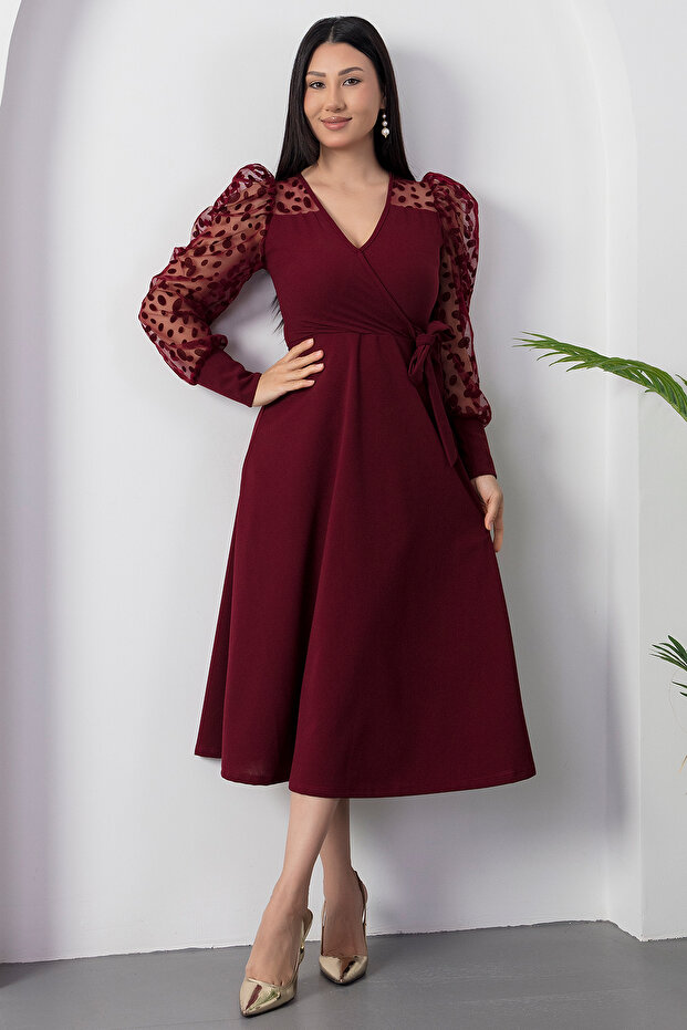 Degaje Yaka Kollar Floklu Krep Elbise 2025-4376 - 6