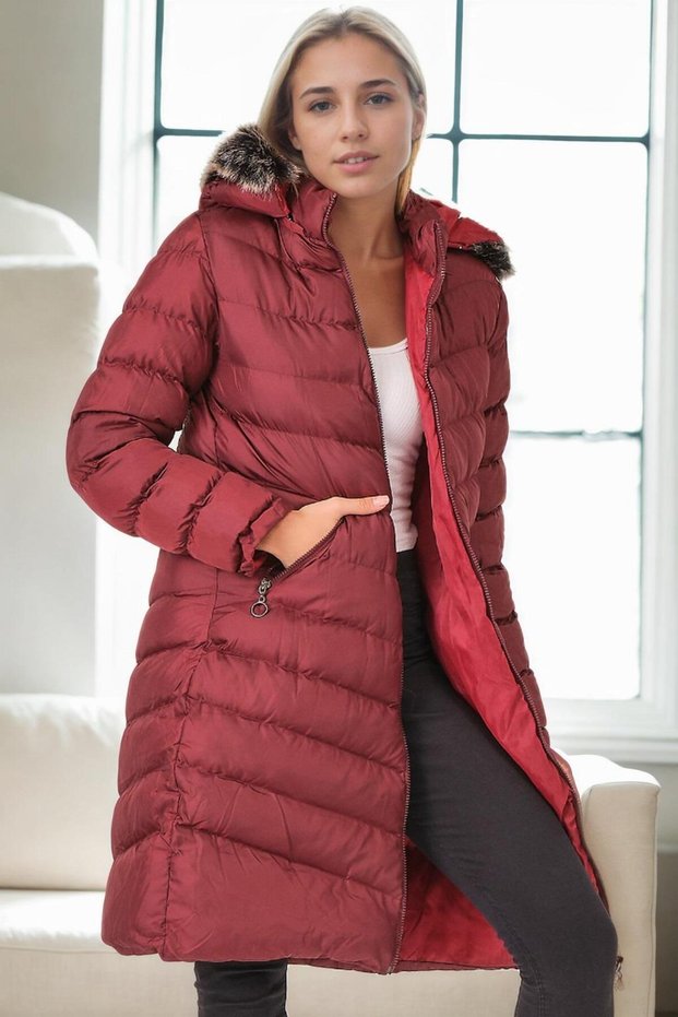 Women's Hooded Fur Detailed Coat Claret Red Z9690