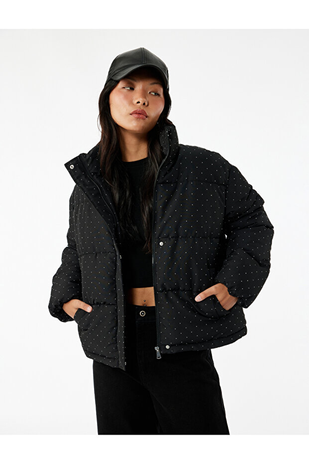 Mock Neck Stone Inflatable Jacket with Zipper Pocket Detail