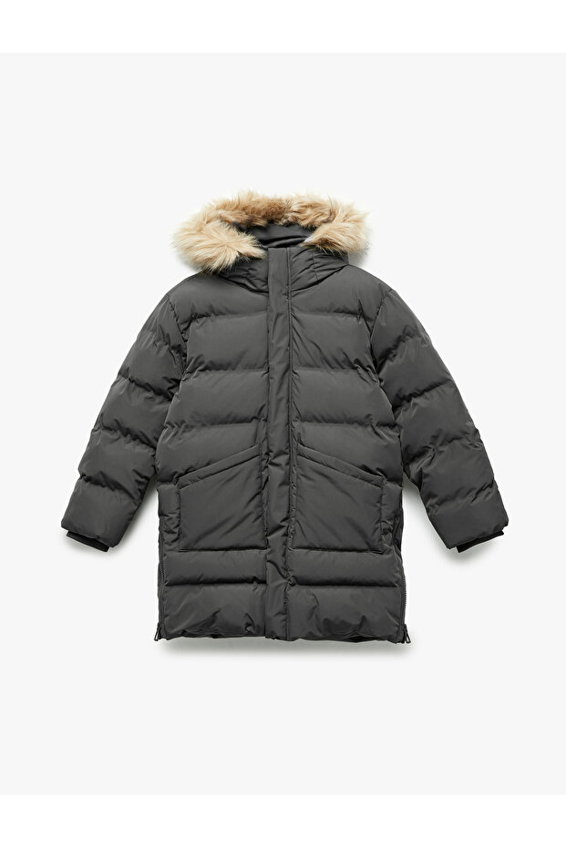 Plush Detailed Long Sleeve Zippered Pocket Long Hooded Puffer Coat