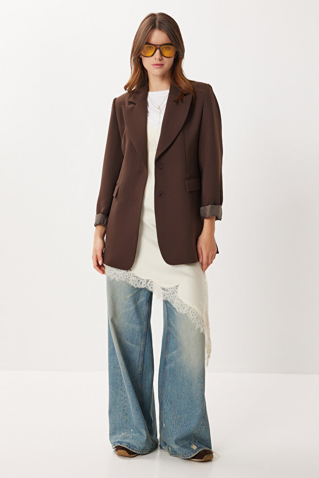 Shoulder Pad Button Blazer Woven Jacket Lxa0012 Brown
