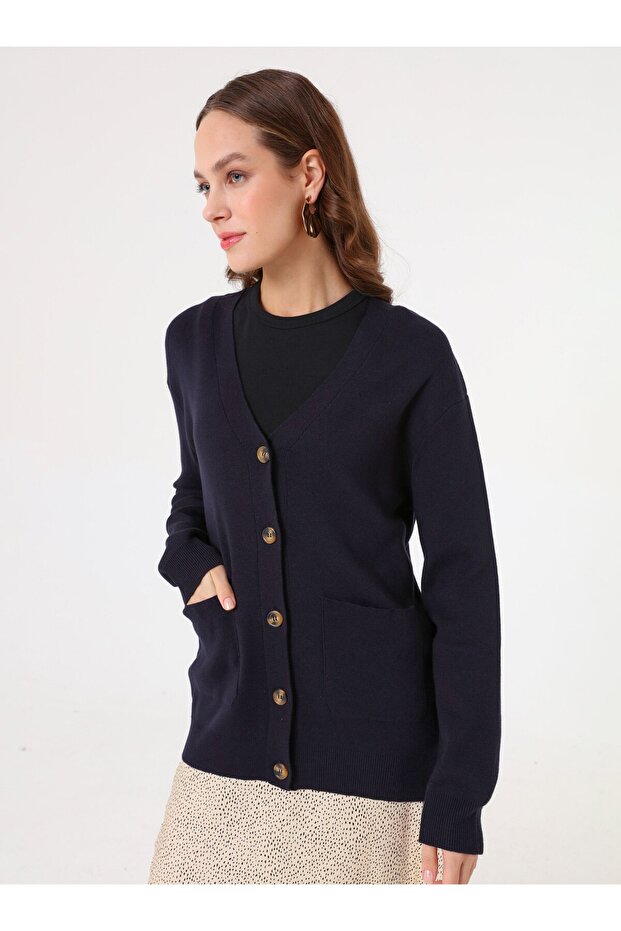 Pocket Detailed V-Neck Knitwear Cardigan - Navy Blue -
