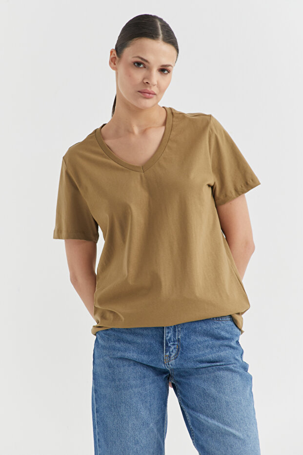 Kadın V Yaka Basic T-shirt - 1