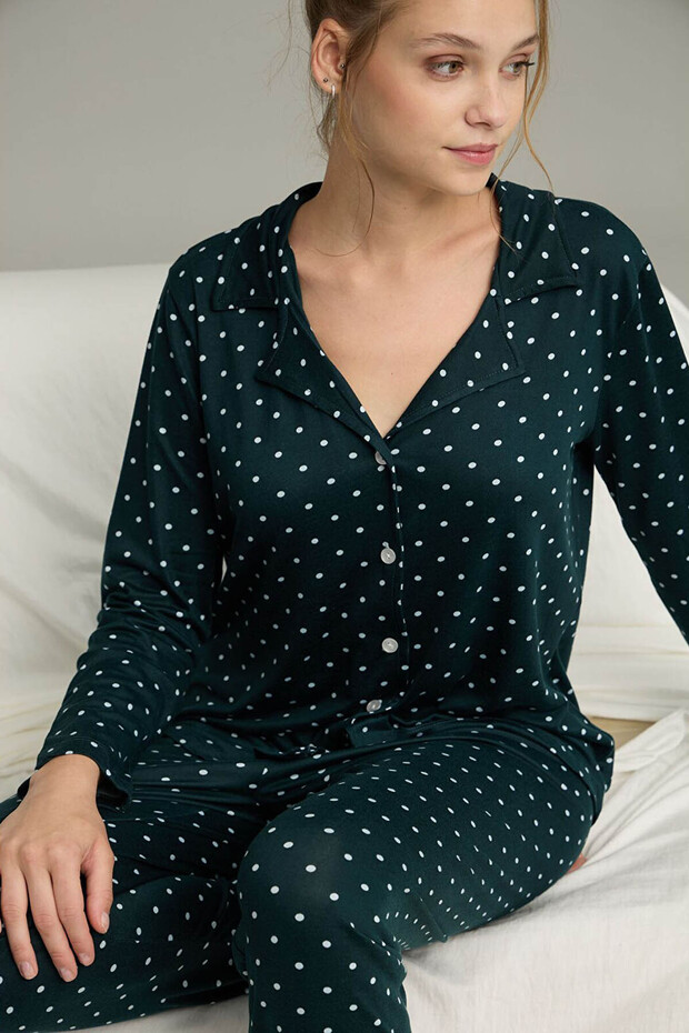 Women's Suede Polka Dots Dark Khaki Green Color Buttoned Pajama Set-02272