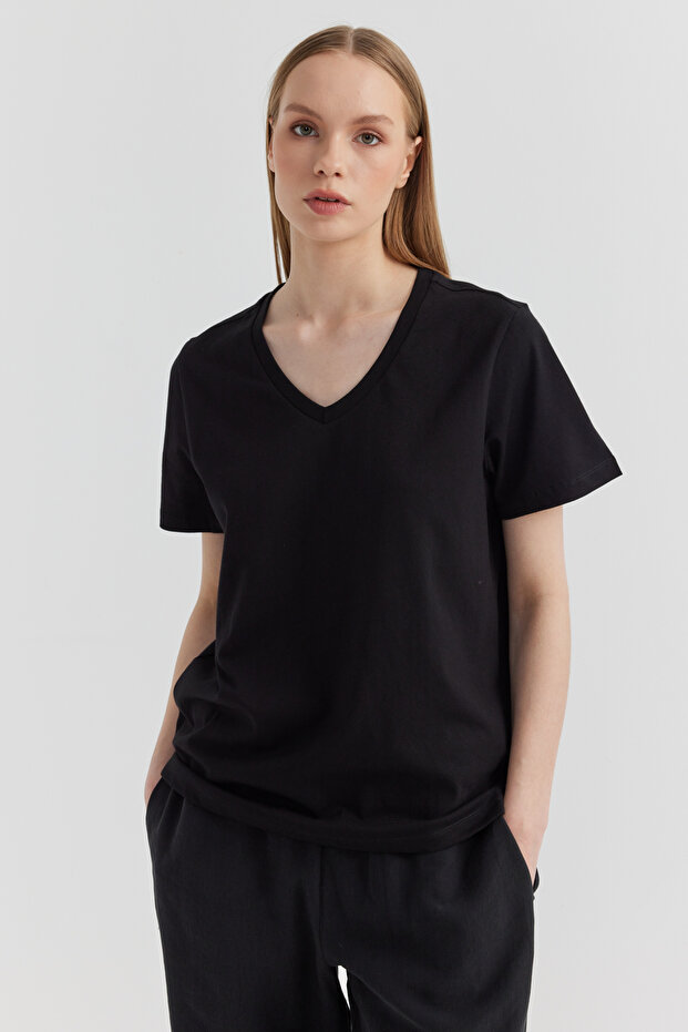 Kadın V Yaka Basic T-shirt - 6