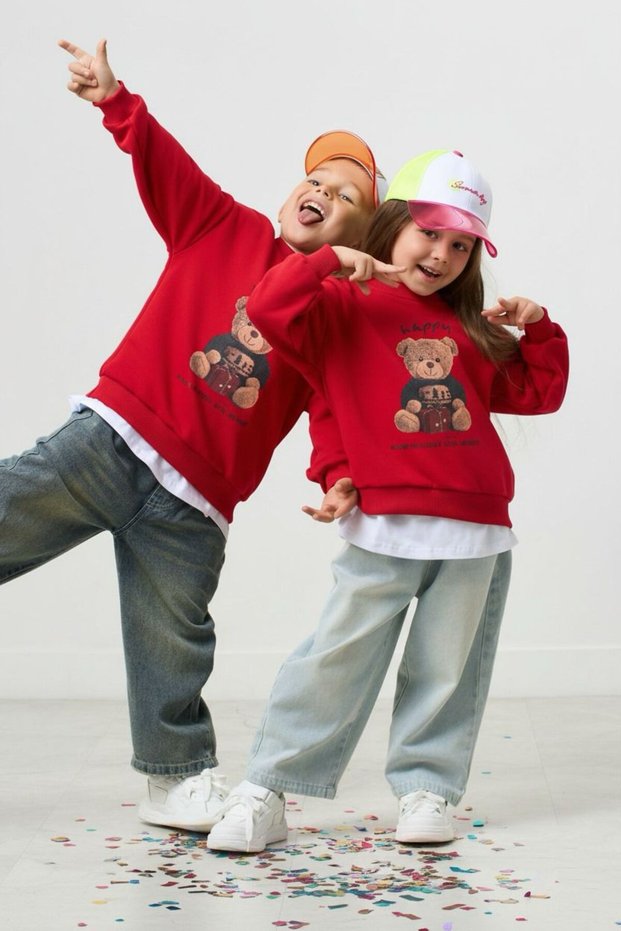 Oversized Simit Yaka Happy Bear Printed 3 İp Ş Fleece-Lined Red Children's Sweatshirt