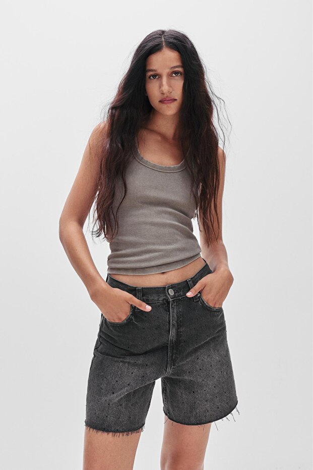 Parıltılı yüksek belli denim bermuda - 2