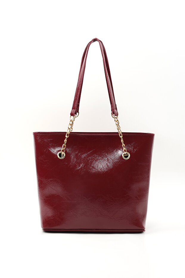 Crinkled Textured Burgundy Shk256 Faux Leather Zippered Single Compartment Chain Strap Hand, Arm, and Shoulder Bag