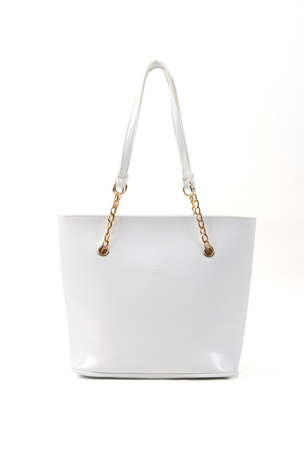 Crinkled Textured White Shk256 Faux Leather Zippered Single Compartment Chain Strap Hand, Arm, and Shoulder Bag