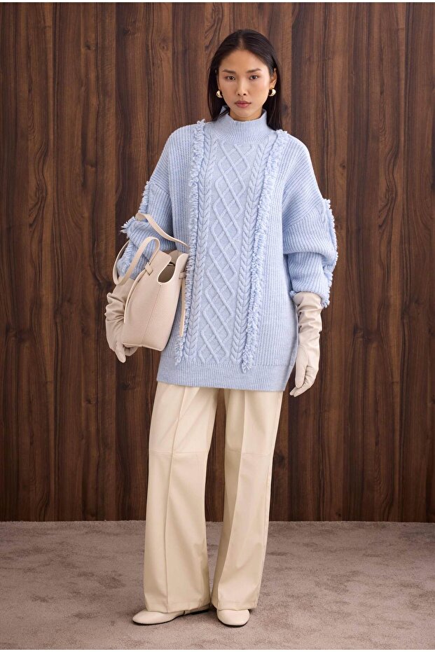 Püskül Detaylı Örme Kazak Buz Mavi - 1