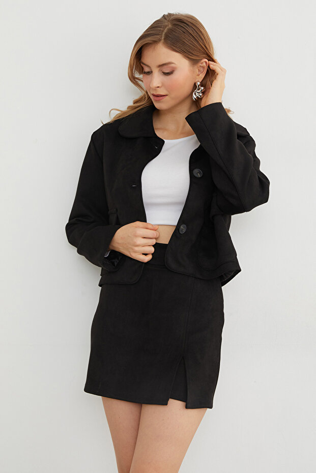 Basic Süet Yırtmaçlı Şort Etek - 3