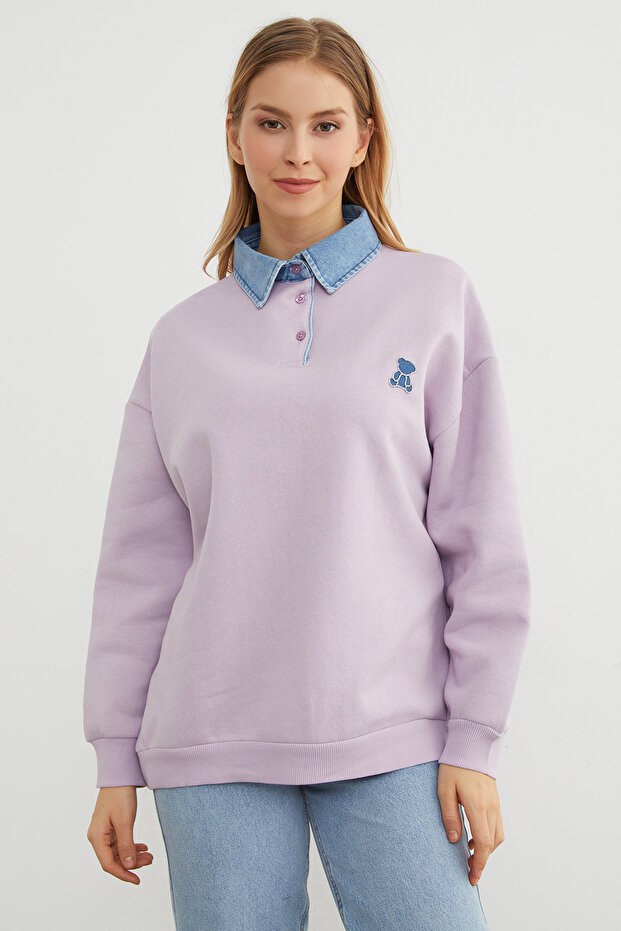 3 Thread Teddy Bear Embroidered Polo Neck Denim Detailed Sweatshirt