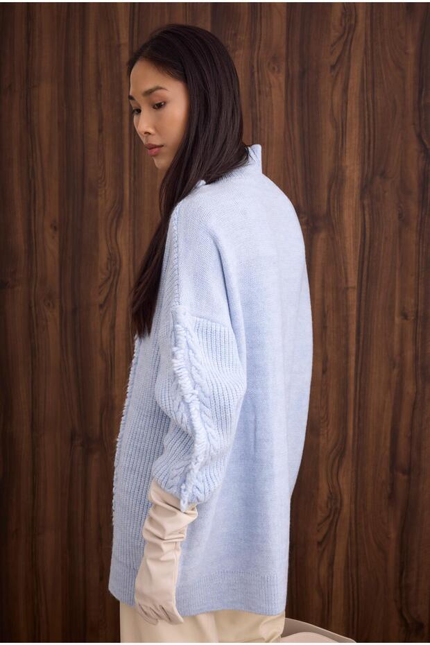 Püskül Detaylı Örme Kazak Buz Mavi - 5