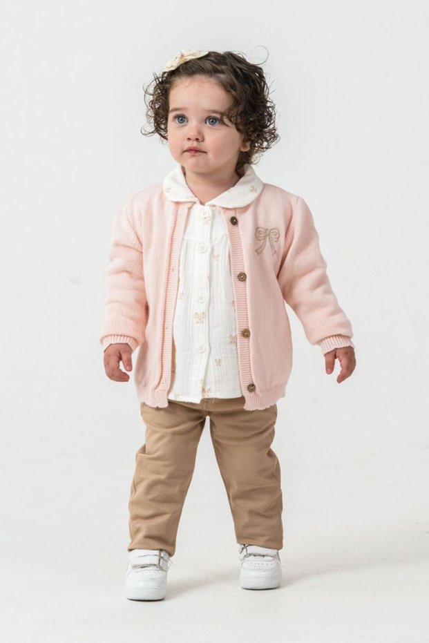My Little Girl's Cicileri Bow Detailed Knitwear Cardigan Girl's 3-Piece Set - Pink