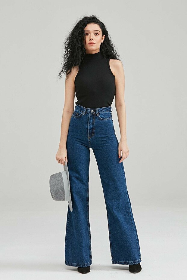 Miss High Waist Extra Dark Blue Jean Stretch Fabric Soft Palazzo
