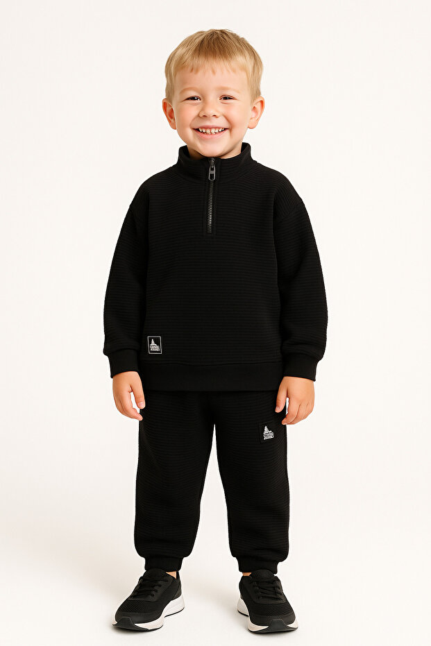 Boy's Mock Neck Zippered Tracksuit Bottom and Top Set Black