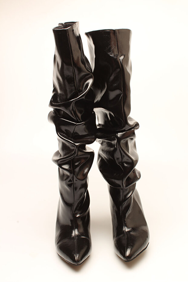 Black Crinkled Patent Leather Women's Boots