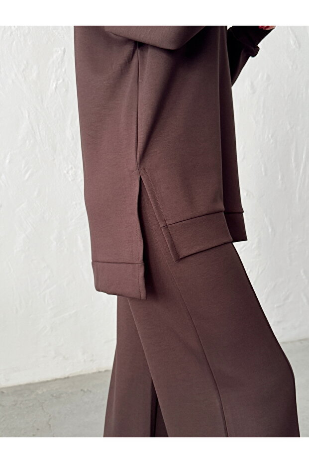 Kobieta Brązowy Wygodny Krój Miękka Modalowa Tkanina Komplet Spodni i Bluzki - 3