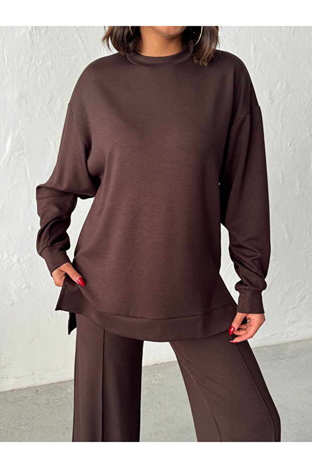 Kobieta Brązowy Wygodny Krój Miękka Modalowa Tkanina Komplet Spodni i Bluzki - 6