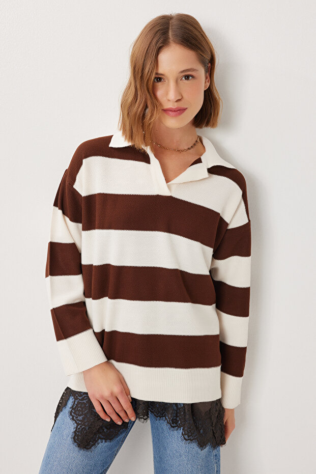 Oversized Striped Knitwear Sweater Lmc0076 Brown Bone