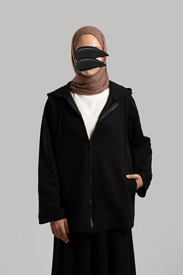 Form Dikişli Fermuarlı Sweatshirt - Siyah - 5