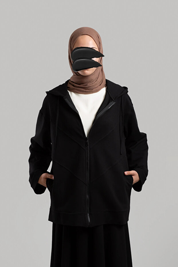 Form Dikişli Fermuarlı Sweatshirt - Siyah - 4