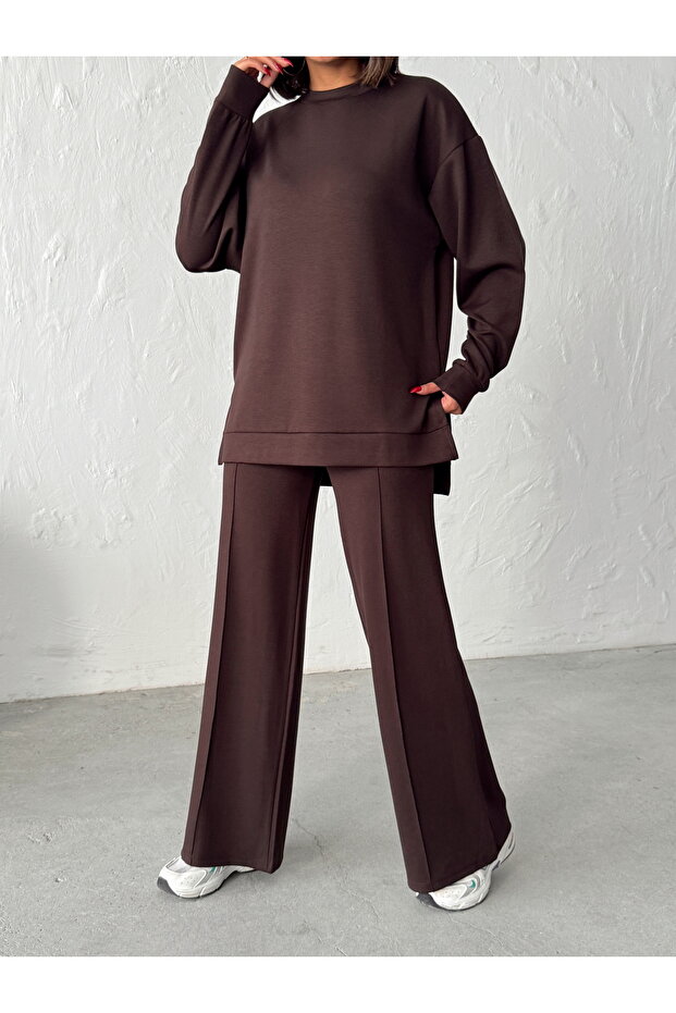 Kobieta Brązowy Wygodny Krój Miękka Modalowa Tkanina Komplet Spodni i Bluzki - 7