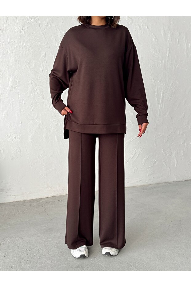 Kobieta Brązowy Wygodny Krój Miękka Modalowa Tkanina Komplet Spodni i Bluzki - 1