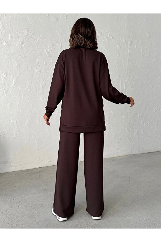 Kobieta Brązowy Wygodny Krój Miękka Modalowa Tkanina Komplet Spodni i Bluzki - 8