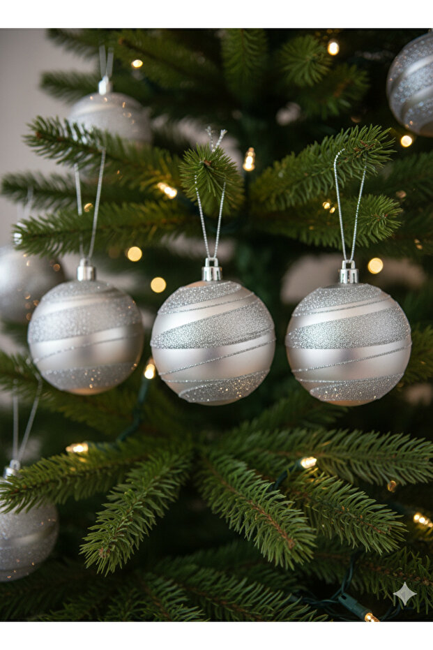 3 Pieces Christmas Tree Ball Ornament (8 cm) - Silver Shiny Quality Christmas Decoration Set with Glitter Strips