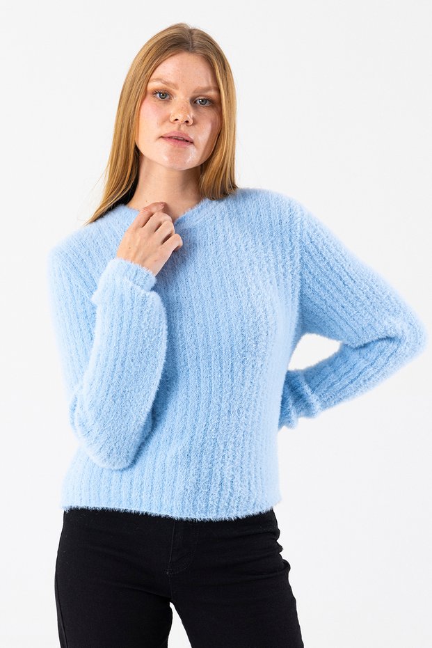 Women's Crew Neck Corded Fabric Detailed Knitwear Sweater Blue - 25-567