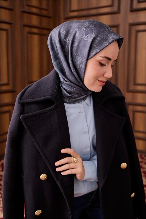 Twill Silk Scarf Petrol Blue–Baby Blue Patterned Tok Duruşlu 90X90