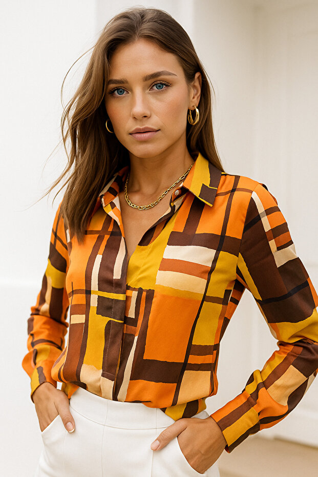 Women's Brown Satin Shirt - Hidden Button Detail Design Shirt