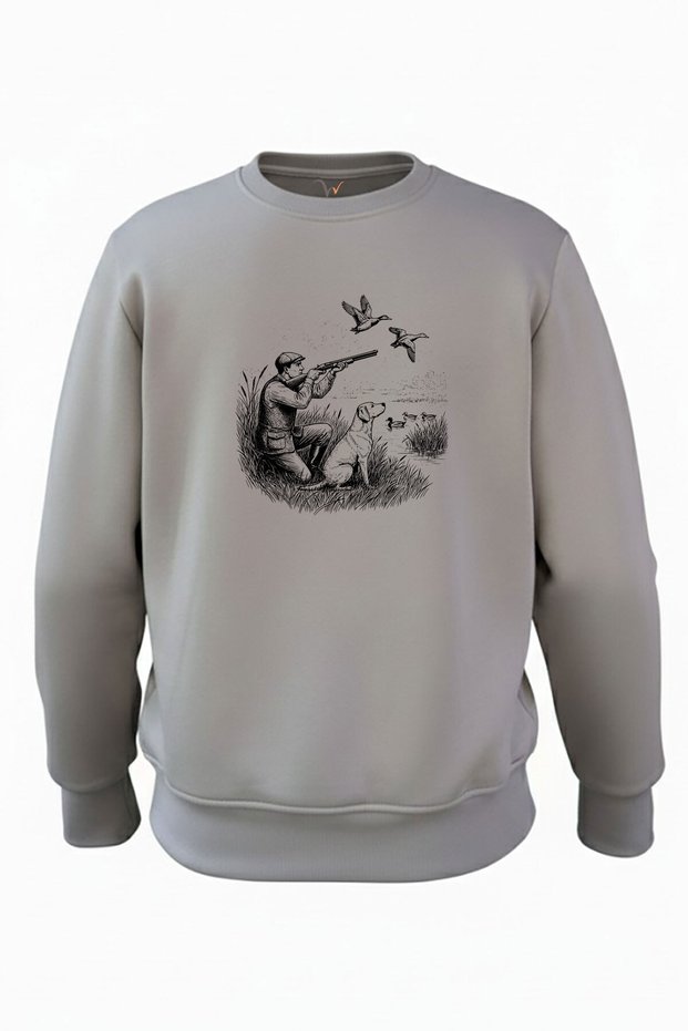 Hunting Hunting Duck Hunting Printed Hunters and Hunting Dog 3 Rope Ş Fleece-Lined 100% Cotton Anthracite Sweatshirt
