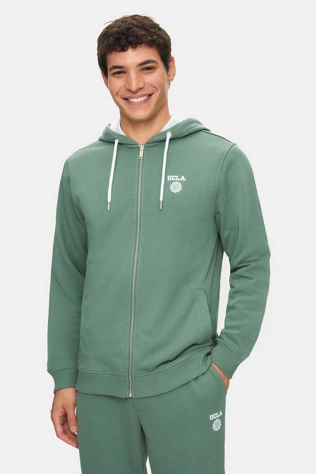Hilgard Sage Green Hooded and Zippered Printed Standard Fit Men's Sweatshirt