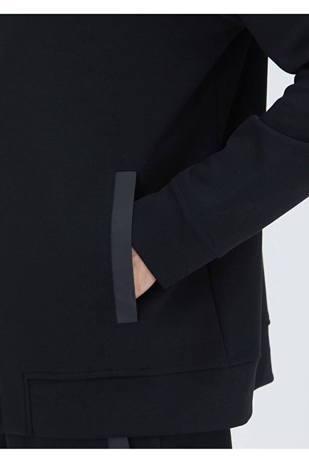 Siyah Kapüşonlu Düz Sweatshırt - 5