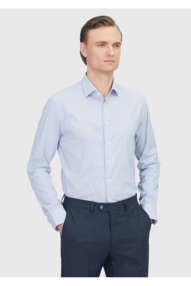 Navy Blue Striped Regular Fit Woven Classic Cotton Blended Shirt