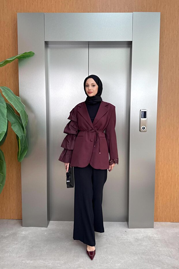 Kol Dantelli Premium Ceket - Bordo - 4
