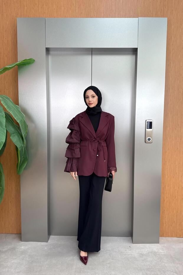 Kol Dantelli Premium Ceket - Bordo - 2