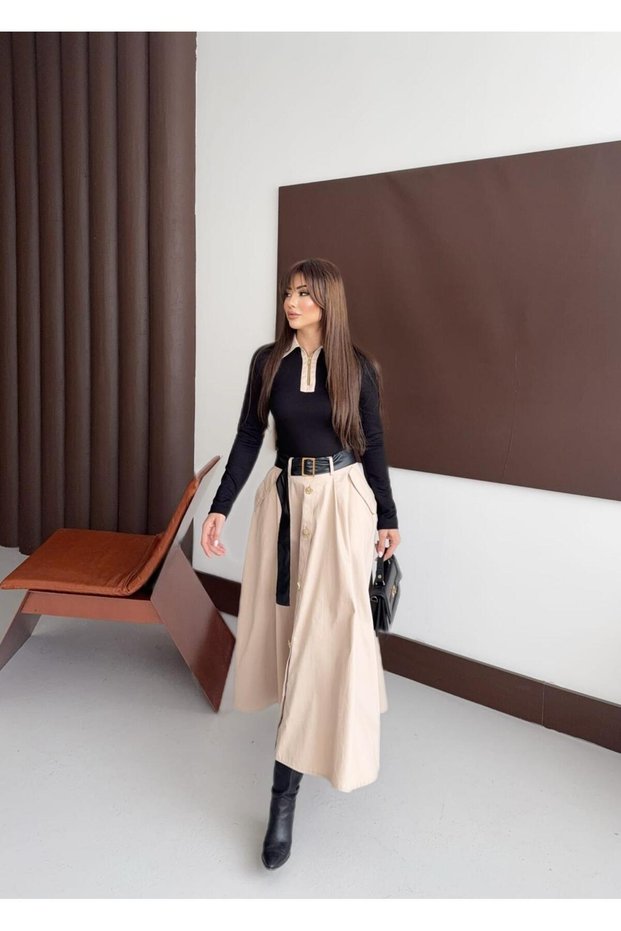 Buketli̇ Women's Skirt Yellow Button Detailing Gabardine Fabric Top Part Knitted Fabric Polo Neck Belted Long Skirt